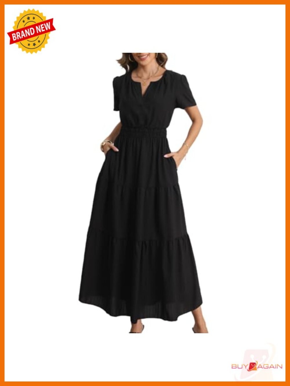 Maxi Dress Short Sleeve V-Neck Elastic Waist Pockets A-Line